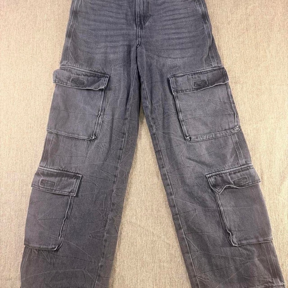 H&M Divided High Waisted Wide Leg Cargo Jeans Dark Grey US 2 Y2K Streetwear